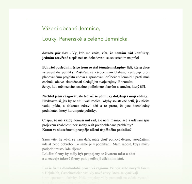 Dopis pana Koláře občanům Jemnice, Louky, Panenské a Jemnicka